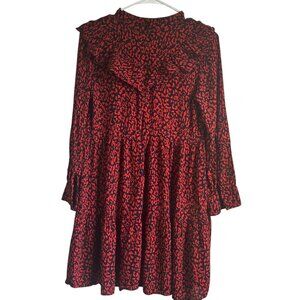 Zara Women Black and Orange Cheeta Print Ruffle Neck Flowy Mini Dress Size Small